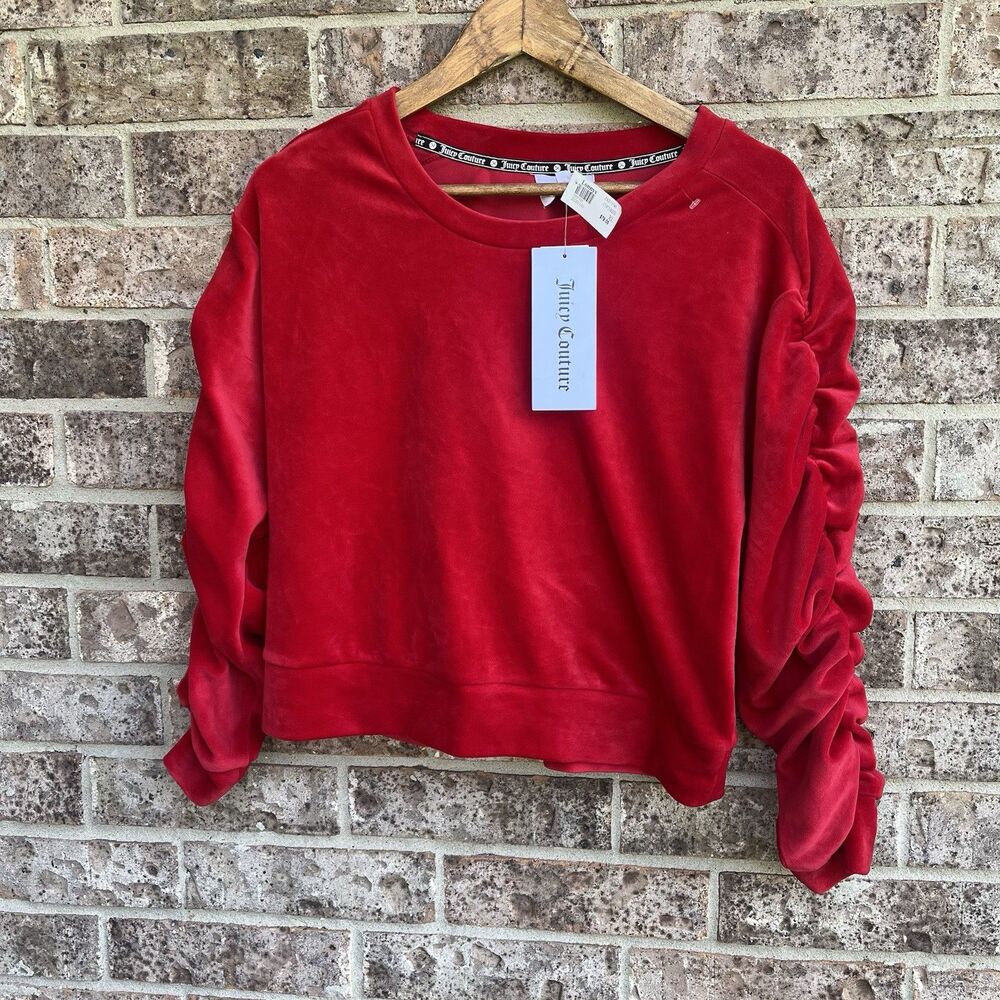 Juicy Couture Coco Red Velour Ruched Sleeve Sweatshirt NWT Size XL Pullover